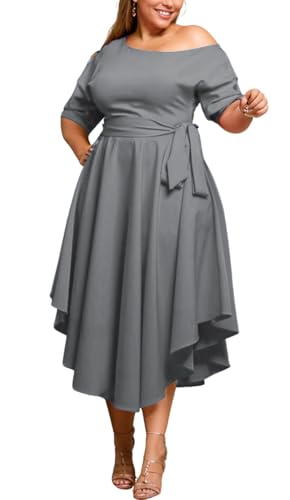 Image of Plus Size Women Wedding Guest Dress Off Shoulder Boat Neck Irregularly Flowy Midi Church Dress