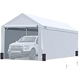 12x20 ft Extra Large Heavy Duty Carport with Sidewalls and Doors, Adjustable Height from 9.5 ft to 11 ft, Car Canopy Garage Party Tent Boat Shelter with 8 Reinforced Poles and 4 Sandbags, White