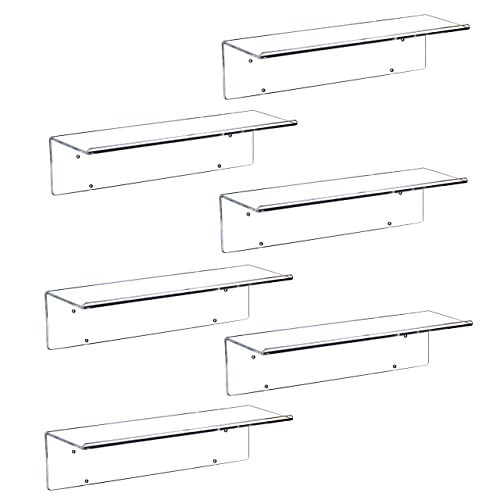 LikeU Acrylic Invisible Floating Bookshelf,Funko Pop/Collectibles/Mini Figures/Lego Toy Storage Rack Modern Picture Ledge Display Wall Shelf with Detachable Hooks 6 PCS Clear Floating Shelves for Wall