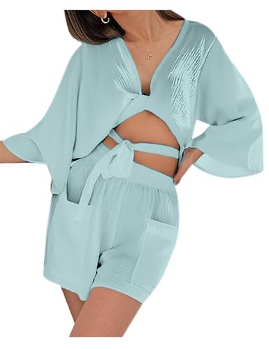 2 Pieces Summer Outfits for Women,Casual Beach Twist Resort Wear,Vacation Swim Cover Up Lounge Sets2
