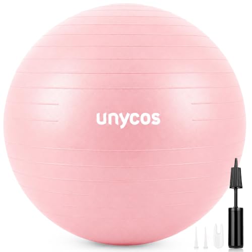 Balones de ejercicio y accesorios | Unycos - Pelota De Pilates, Gimnasia, Yoga, Fitness Y Embarazo, Fitball Antideslizante Y Anti-Burst 65 Cm De Pvc Extra Grueso, Resistencia De 300 Kg, Incluye Hinchador Rosa Claro Con Logo