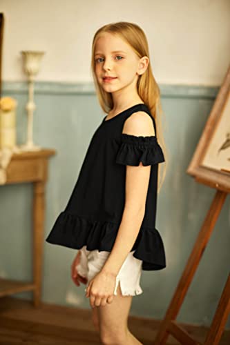 Arshiner Girls T-Shirts Short Sleeve With Cold Shoulder Ruffle Hem Blouse Cute Floral Print Tee Tops #TOP2