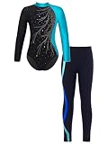 Freebily Kinder Mädchen Turnanzug Langarm Gymnastikbody Ballett Leotard Bodysuit Sport Leggings Tanz Strumphose Set Wettkampf Tanzkleidung G_Türkis&Königsblau 134-140/9-10 Jahre