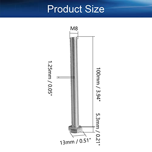 Image of Bettomshin 4Pcs M8 x 100mm Hex Bolts, 304 Stainless Steel 1.25mm Thread Pitch Fully Threaded Metric Hex Head Screw Bolts, Hexagon Screw Bolt, Hex Tap Bolts, Silver, A2-70 (Overall Size 105.3x13x13mm)