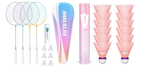 Image of HIRALIY 12 Pack Pink Badminton Shuttlecocks Birdies, Badminton Rackets Set of 4 Including 4 Rackets, 6 Shuttlecocks and 1 Carrying Bag