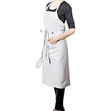 LK PureLife Stonewashed 100% French Linen Apron-Adjustable with Pockets for Women Men-Dove Grey