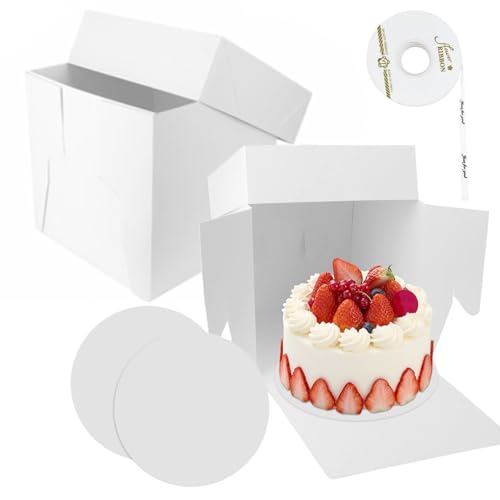 2 scatole di cartone per torte alte 30 x 30 x 20 cm, colore bianco con simpatici adesivi e nastro, scatola per torte quadrata, robusta scatola di cartone per il trasporto e la protezione di torte e