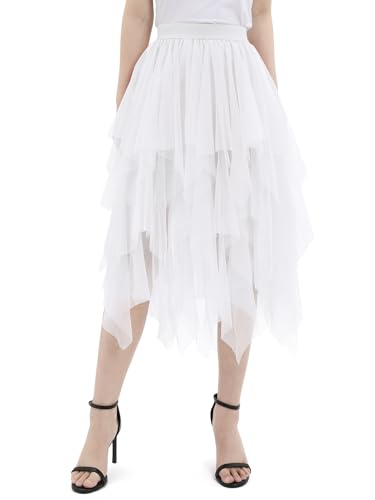 zffriction Women's Tulle Layered Mesh Skirt - Elastic Waist A-Line Midi for Summer - Daily, Party, Prom, Carnival (White, One Size)