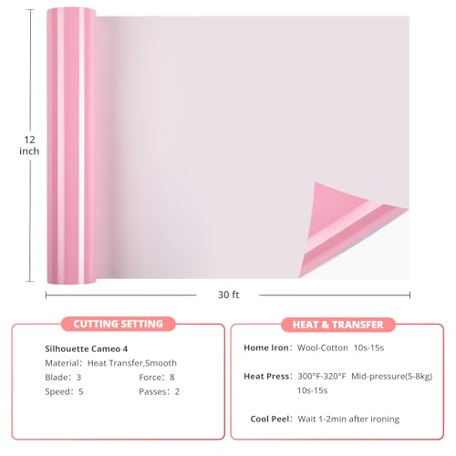 Image of HTVRONT Baby Pink Transfer Vinyl Roll - 12 inch x 30ft | HTV for T-Shirts Iron on Vinyl for All Cutting Machines - Easy to Cut & Weed