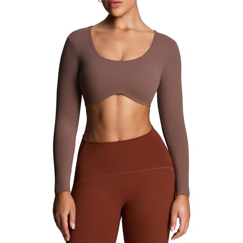 Image of Aoxjox Women's Define Sculpt Long Sleeve Crop Tops | buttery soft fabric,curved hem,hollow back, low support, removable pads, workouts,yoga,gym, daily wear