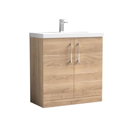 Image of Balterley Vanity Unit with Basin Floor Standing, Soft Close 2 Door with Mid Edge Sink and Handles, Bathroom Vanity Units with Basin, Chrome D Shape Handles - 810 x 390 x 840mm (Light Oak)