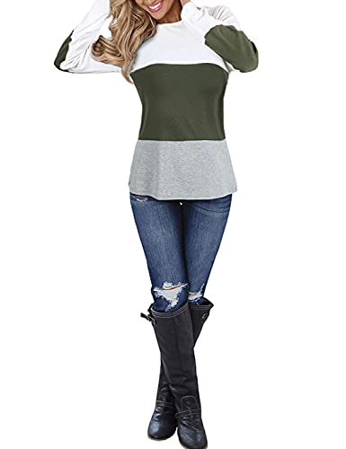 Blooming Jelly Women's Long Sleeve Round Neck Elbow Patched Color Block Stripe Shirt Plus Size Tops (Xx-Large,White-Green-Grey) #TOP18