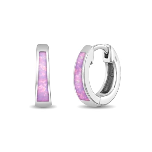 925 Sterling Silver Chunky Simulated Opal Inlay Huggie Hoop Earrings For Little Girls and Preteens 8mm - Young Girls Chunky Hoop Earrings For Everyday Use