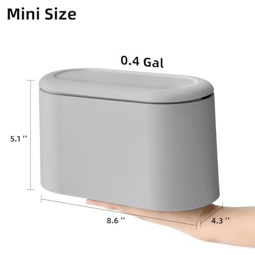 Image of SUBEKYU 0.5 Gal Mini Countertop Trash Can with Lid for Desktop, Small Garbage Can for Office, Tiny Wastebasket, Plastic, Light Grey
