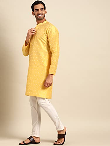 Image of KISAH Men's Kurta - Woven Design Cotton Traditional Outfit for Men - Festive & Wedding Ethnic Wear - Elegant & Comfortable Yellow