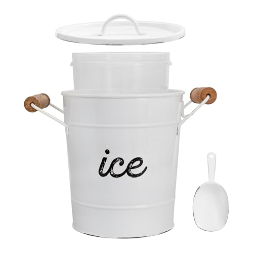 AuldHome Design Rustic Enamelware Ice Bucket; White Farmhouse Style Insulated Ice Server