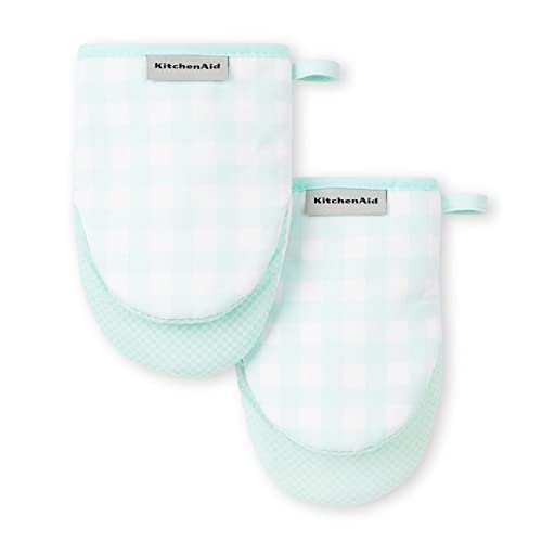 Image of KitchenAid Gingham Mini Oven Mitt 2-Pack Set, Mineral Water, 5.5 inchx8 inch
