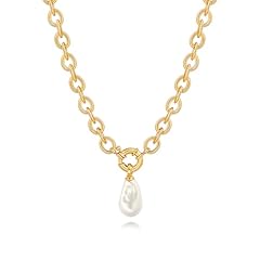 Gold Chunky Link Oval Chain Baroque Pearl Necklace