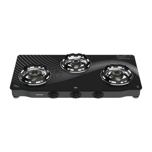 Butterfly Renz 3 Burner 3 Star Glass Top Gas Stove | Fan shield | Leak Proof European Valve | Rust Resistant Frame | Patented Lift Lock | 8mm Tempered Designer Glass | 2 Years Product Warranty