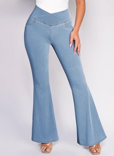 Pink Queen Bell Bottom Jeans for Women Crossover High Waisted Stretchy Denim Leggings Tummy Control Flare Pants with Pockets4