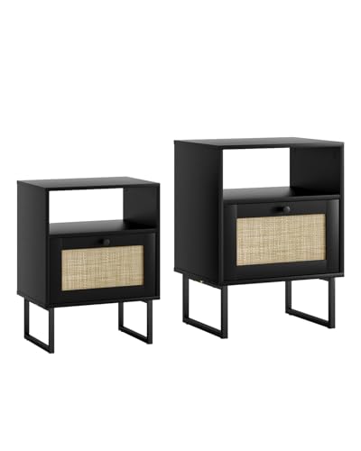 Image of Masupu Rattan Nightstand,Boho Night Stand Modern Farmhouse Wood Bedside Table with Storage Drawer and Open Shelf,Side End Table for Bedroom,Living Room,Office Black