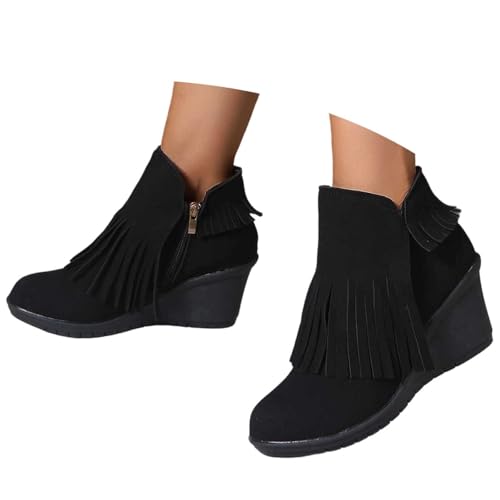 Generisch Botines con flecos para mujer, con aspecto de piel, tacón de cuña, botas altas al tobillo, elegantes, zapatos de invierno, cómodos, botas informales, botines cortos, O negro., 39 EU