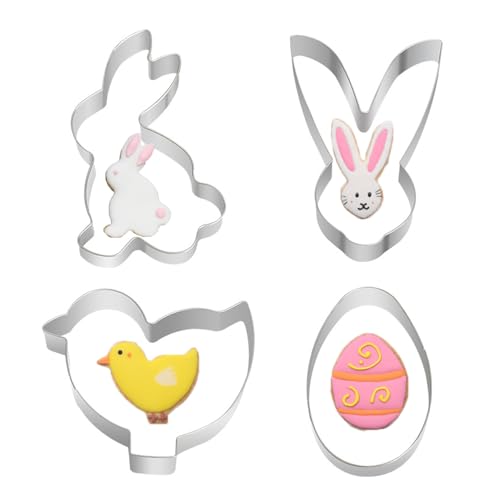 BAVALIN 4 Stück Ausstechformen Ostern - Hase, Küken, Ei, Häschenkopf Edelstahl Ausstechformen Ostern Set Keksausstecher für Backen Plätzchen Kuchen Desserts