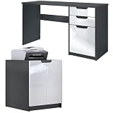 Vladon Büromöbel Homeoffice Set Paris, Made in Germany mit Druckerkommode und Schreibtisch, Schwarz matt/Weiß Hochglanz