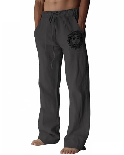 PIDOGYM Men's Linen Pants Beach Casual Cotton Summer Lightweight Elastic Waist Drawstring with Deep Pockets