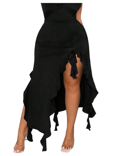 Floerns Women's Plus Size Asymmetrical Ruffle Hem Long Skirt Party Bodycon Skirts