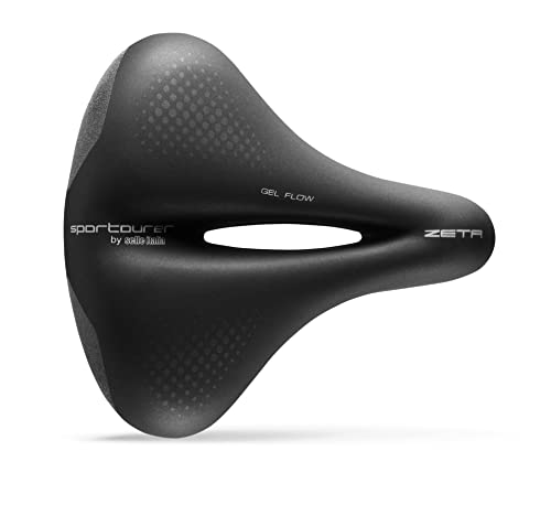 Sportourer by Selle Italia - Zeta Comfort Gel SuperFlow, Siodełko Rowerowe do Roweru Miejskiego, Żelowe Miękkie, z Technologią Odblaskową w przypadku Słabej Widoczności, Wodoodporne - Czarne