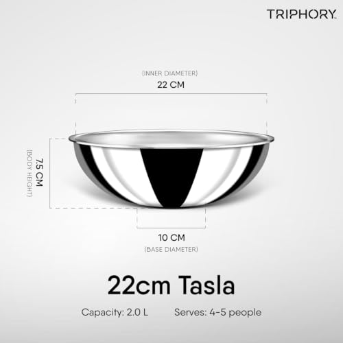 Image of Triply Stainless Steel Tasla 22 cm 2L | 2.5mm Thick Extra Deep Triply Kadai | Heavy Induction Base Cooking Tasla | Gas & Induction Compatible