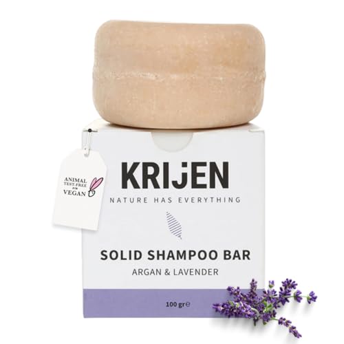 Krijen Champú vegano sólido con aceite de argán, aceite de lavanda y arcilla rosa, 100 g, repara y aporta brillo, para cabello normal y mixto, también eficaz en agua dura, con provitamina B5, hecho a