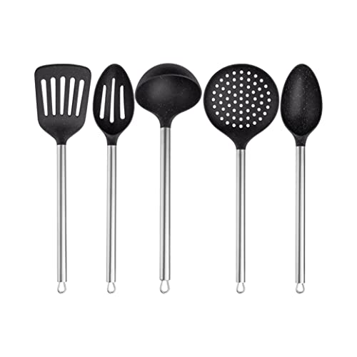 Cook with Color Non Stick Cooking Utensils- 5 Pc Kitchen Utensil Set for Nonstick Cookware, Easy to Clean Nylon Cooking Utensils with Stainless Steel Handles, Kitchen Gadgets (Black)