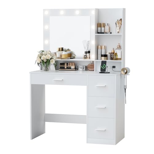 Furmax Vanity Desk with LED Lighted Mirror&Power Outlet, 39.3’’ Makeup Vanity Table with 4 Drawers and 3 Storage Shelves, Adjustable 3 Lighting Colorfor Bedroom&Dressing Room (White)