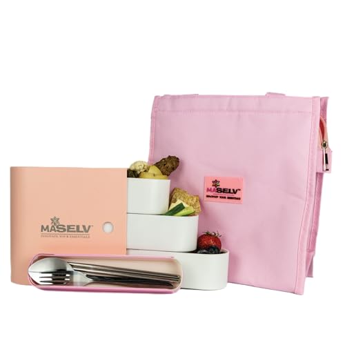 MASELV Meal Prep Box Set of 3 – Leakproof Dishwasher Safe Lunch Containers Adult Box with Utensils – Portable Microwave Snack Boxes for Adults – Insulated Cute Lunch Box (PINK) by MASELV - Used condition - US$6.79
