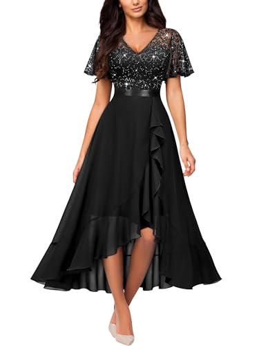 Image of Miusol Women's Classy V-Neck Butterfly Sleeve Sequined Floral Lace Ruffle Split Bridesmaid Party Dress