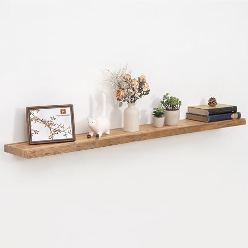 Image of Floating Shelves for Wall, 60 inchx9.3 inch Rustic Solid Live-Edge Elm Wood Wall Shelves, Heavy-Duty Floating Shelves with Invisible Brackets for Living Room, Bedroom, and Kitchen, Natural Finish