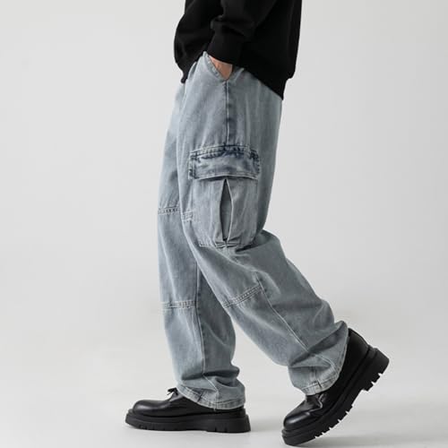 Men's Drawstring Elastic Waist Flap Pockets Streetwear Baggy Cargo Jeans2