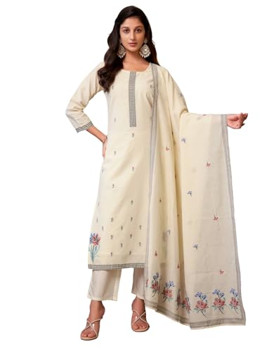 SKYLEE Women's Cotton Solid and Jacquard Regular Kurta with Pant & Dupatta (212KBD2246C-XL_Cream)
