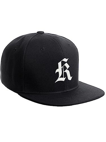 Daxton Classic Snapback Hat Old English Font Alphabet A to Z Flat Bill Visor Cap, Black Hat, White K