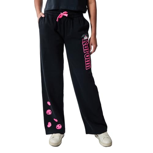 Bioworld Kuromi Pink Skulls Women's Black Straight Leg Tie-Front Sweatpant Jogger3