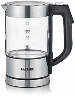 Severin WK 3458 mini czajnik elektryczny, moc 1100 W, poj. 0,5 l, z regulacją temperatury, ze stali nierdzewnej i szkła, Srebrny/Czarny