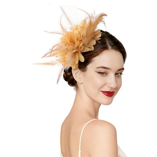 DRESHOW Tocados para Mujer para Fiesta de té Vintage Sombreros de Fiesta con Encaje Perlas y Plumas con Diadema y Pinza para Cócteles de Boda