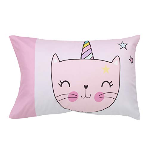 Everything Kids Caticorn Girl Power Pink & White With Pastel Rainbows & White Clouds Unicorn Stars 4Piece Toddler Bed Set, Pink, Aqua, Lavender, Yellow #TOP4