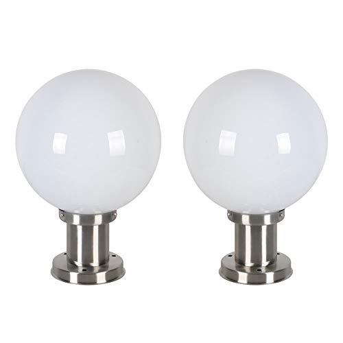 Belief Rebirth 2 Pack 20cm Ball Shape Outdoor Light Garden Fence Park Pillar Lighting Landscape Column Lamps, White Acrylic Lampshade, Stainless Steel Chrome Metal Round Exterior Fixture