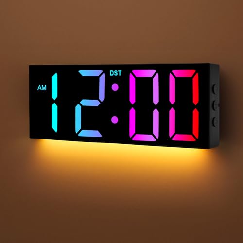 Alampan 12' Large Digital Wall Clock with Remote Control, USB Powered, Corded RGB LED Clock with Full Screen Display, Big Numbers, for Classroom, Living Room, Elderly, Wall Mounted, DST, KSJ-01, Black