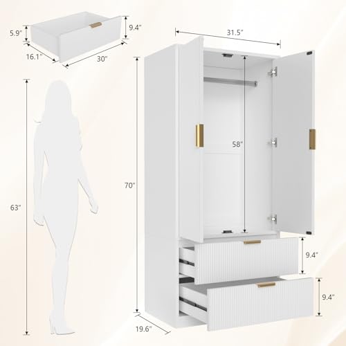 Wardrobeclosetwith2doorsand2drawers70clothingstoragecabinetswithhangingrodmodernwoodenarmoirewardrobeclosetwithgoldhandlesforbedroomarmoireslaundryroomwhite  Urban Country Home Decor Wardrobe closet with 2 doors and 2 drawers 70clothing storage cabinets with hanging rod modern wooden armoire wardrobe closet with gold handles for bedroom armoires laundry room white  urban country home decor