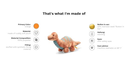 Steiff 087837 - Original Plüschtier Bronko Brontosaurus, Soft Cuddly Friends Kuscheltier ca. 28 cm, Markenplüsch mit Knopf im Ohr, Schmusefreund für Babys 0m+, dunkelorange-Petrol