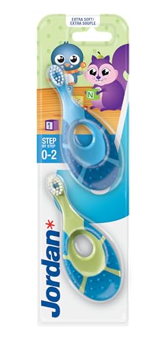 Jordan ® | Step 1 | Cepillo de dientes para bebé 0-2 años | Original con cerdas extra suaves, anillo de mordida suave para encías y fácil agarre | Pack 2 Unidades | Azul y verde